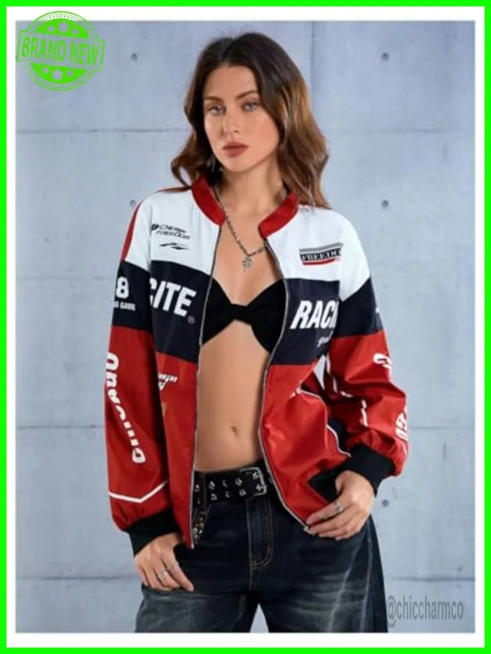 Y2K Racing Color Block Bomber Jacket for Women Graphic Zip Up